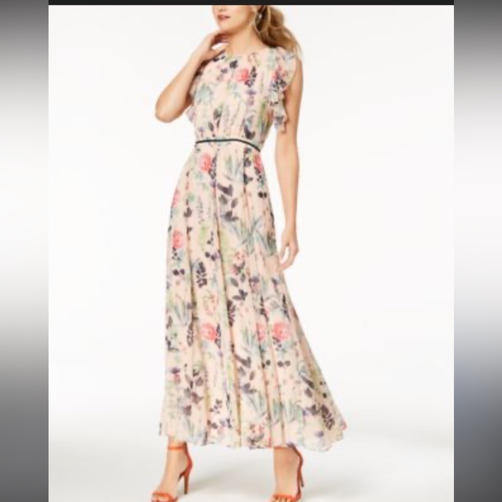 Tommy Hilfiger Botanical Floral Pink Bohemian Flutter Cap Sleeve Maxi Dress 10